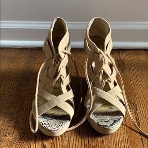 tan lace up snake skin wedges